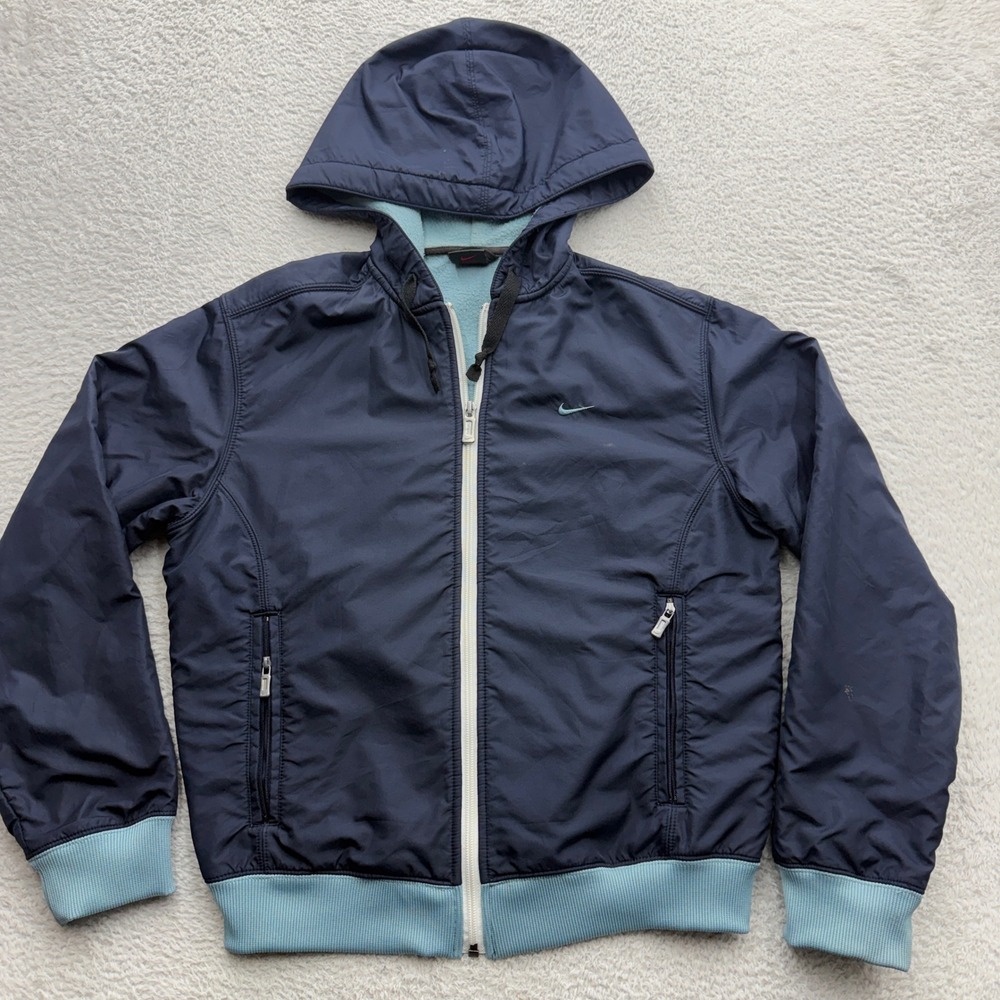 Vintage Nike 90s Womens Full Zip Fleece Lined Hooded Jacket Navy Blue Small - Picture 1 of 11